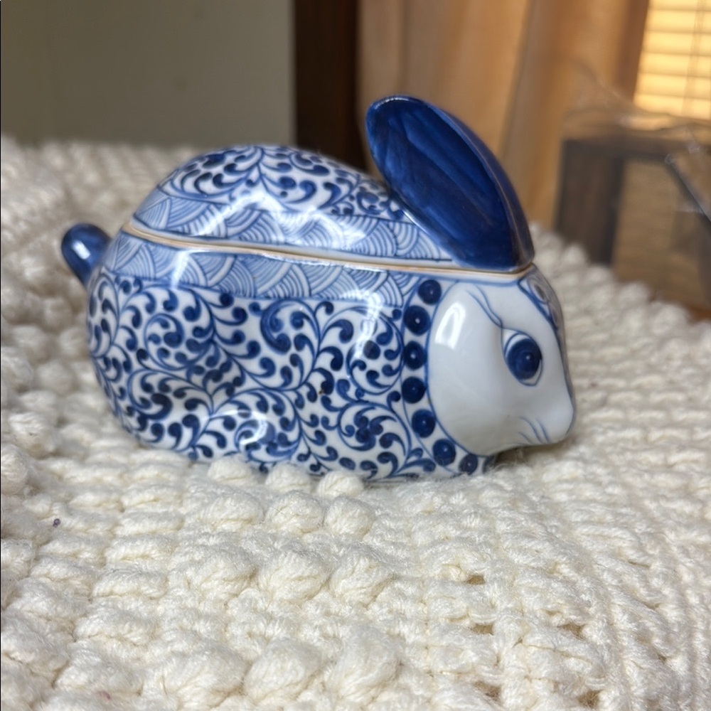 Blue and White Ceramic Rabbit Figurine